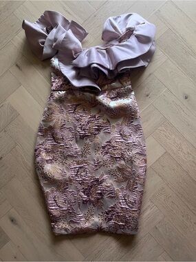 Hand Crafted Blush Pink Metallic Floral Ruffle Midi Dress